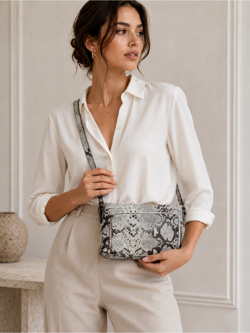 Margot New York Women Genuine Leather Crossbody Bag Gray Snake Print Multi Zip